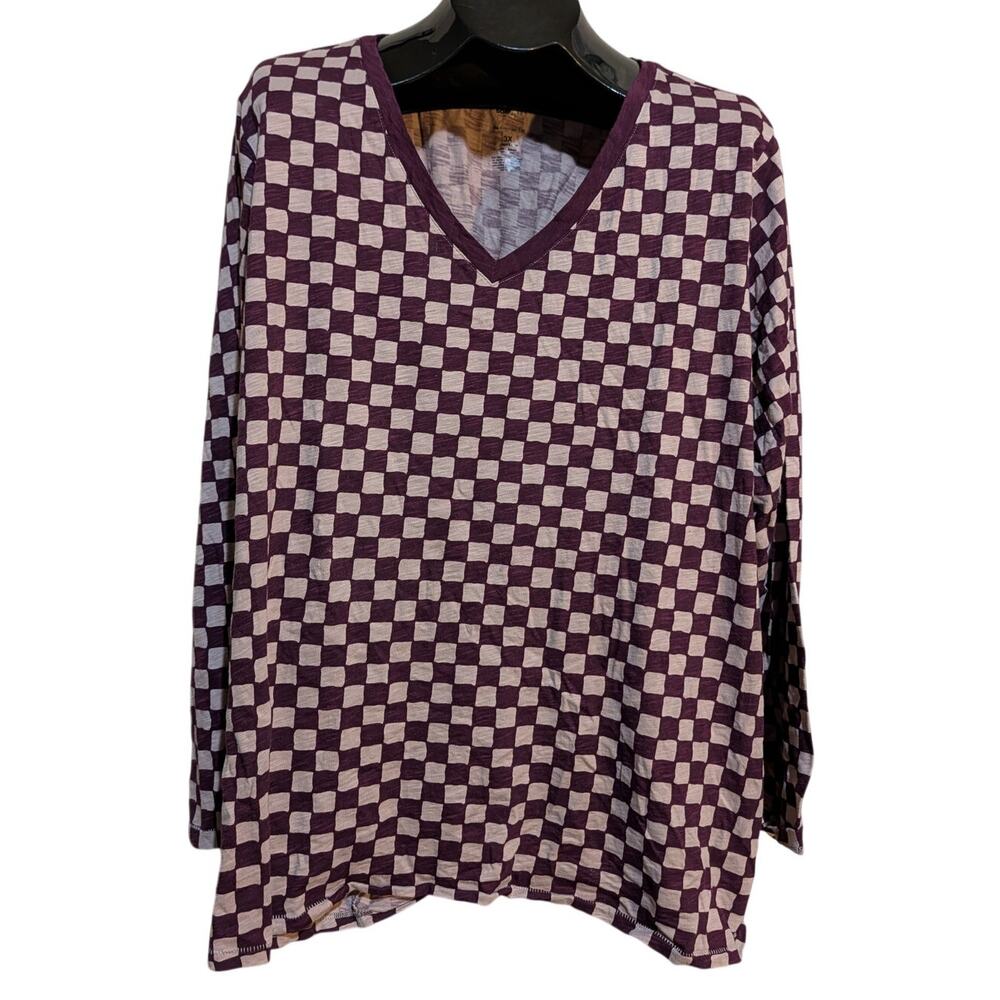 Croft & Barrow 3X Purple Checkered V-Neck Casual Long Sleeve T-Shirt Tee